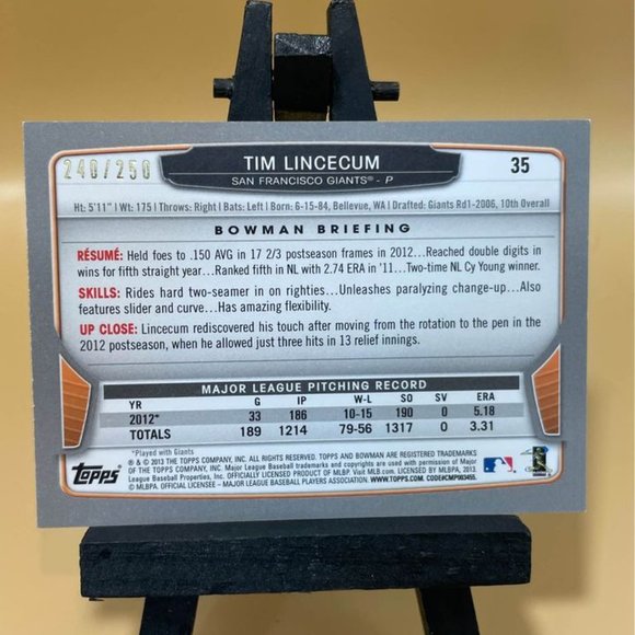 2013 Bowman Tim Lincecum Orange Serial 240/250 Giants Baseball Card #35 - Picture 5 of 6